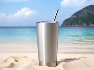 Fototapeta na wymiar Light gray stainless steel sublimation blank tumblers with straw, product shot, beach background. Metal glass and plastic cup, thermos and shaker design. Generative AI illustration.