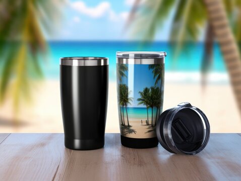 Black stainless steel sublimation blank tumblers with straw, product shot, beach background. Metal glass and plastic cup, thermos and shaker design. Generative AI illustration.