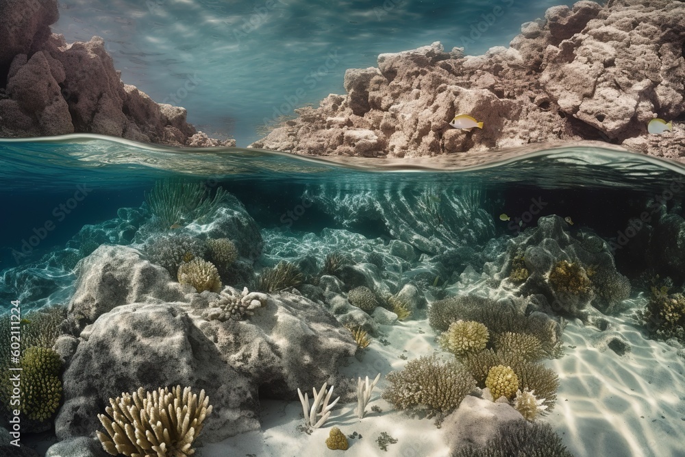 Poster a rock structure can be seen in the backdrop of this underwater scene of a coral reef. generative ai