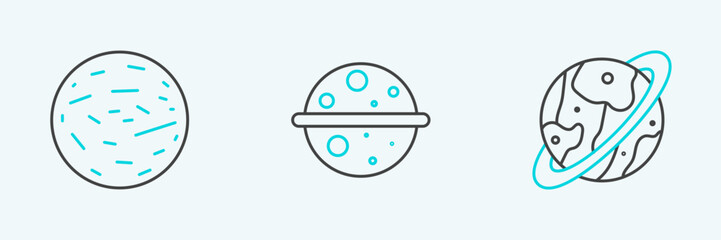 Set line Space capsule and parachute, Planet Mars and Venus icon. Vector