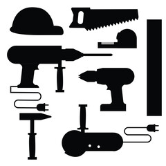 Construction tool icon collection - vector illustration.Construction tool collection - vector silhouette.Home Repair Tools Vector Silhouette.