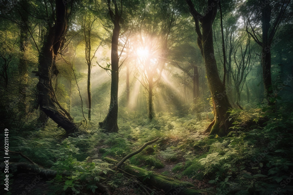 Poster the light may be seen through the canopy of the trees in the forest. generative ai