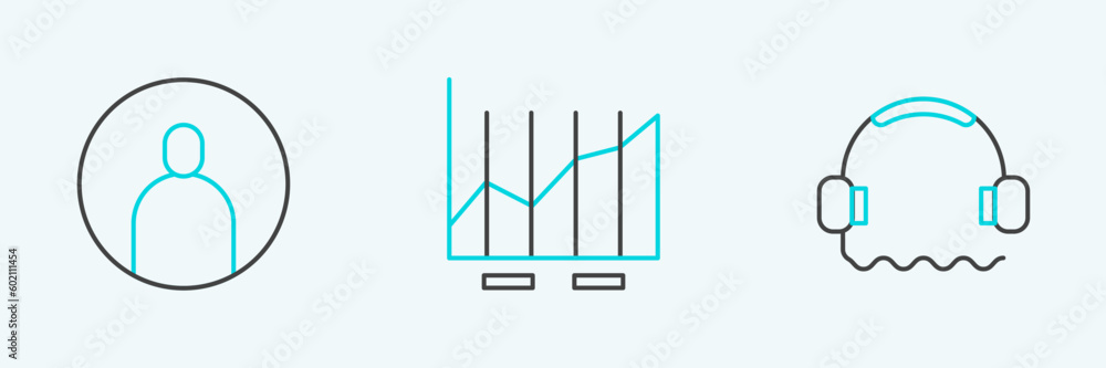 Poster set line headphones, create account screen and pie chart infographic icon. vector