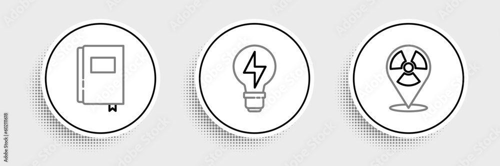 Poster set line radioactive in location, book and light bulb with lightning icon. vector