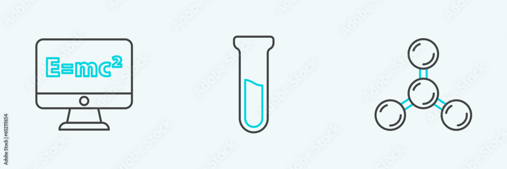 Poster set line molecule, equation solution and test tube and flask icon. vector