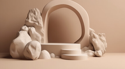 Fototapeta na wymiar Pastel background rock arch product podium for green beauty cosmetic. Presentation arch platform product object presentation stage to some mockup composition stone platform. AI generated illustration