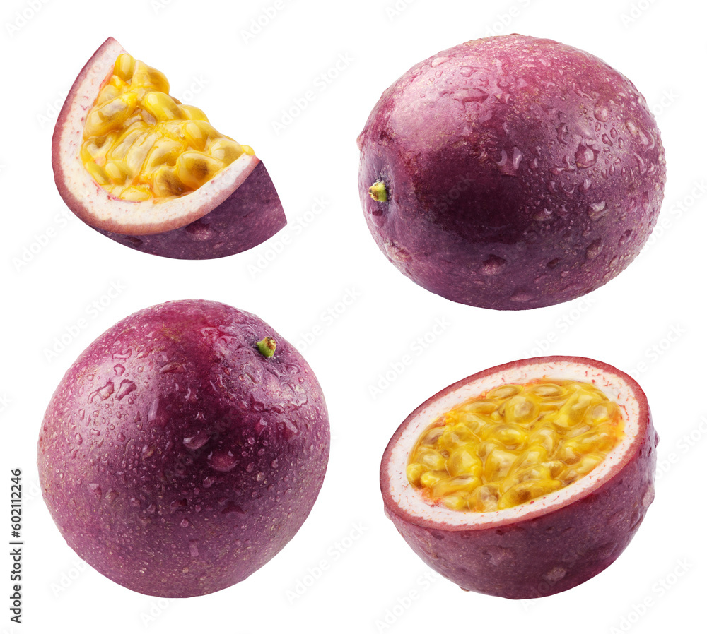 Wall mural passion fruit isolated. ripe passion fruit, half and slice of fruit in drops of water on a white bac