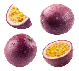 Passion fruit isolated. Ripe passion fruit, half and slice of fruit in drops of water on a white...