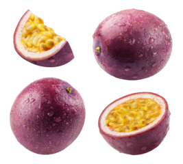 Passion fruit isolated. Ripe passion fruit, half and slice of fruit in drops of water on a white background.