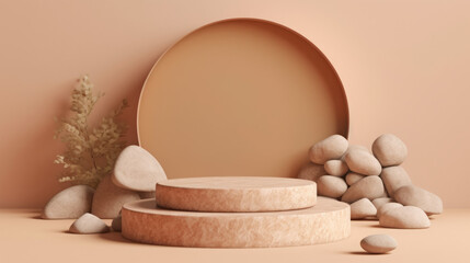 Product stone podium for cosmetic beauty presentation. Stone podium with green leaves on beige background. Product, cosmetic stand organic platform mockup. AI generated illustration
