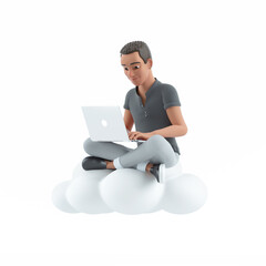 3d character man sitting on cloud and using laptop