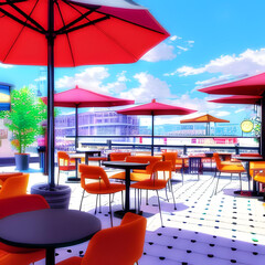 Hand painted photo realistic street cafe on the seaside