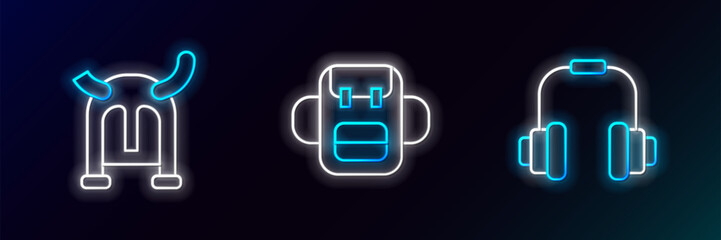 Set line Headphones, Viking in horned helmet and School backpack icon. Glowing neon. Vector