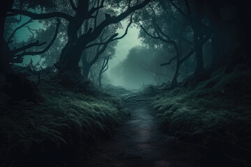 Mystical forest landscape with trees silhouettes in dark. Path in magical dreamy forest. Created with Generative AI