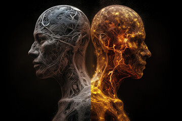 Two spiritual human bodies on dark background. Souls connection. Created with Generative AI