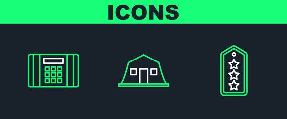 Set line Military rank, Dynamite bomb and barracks icon. Vector