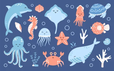Wall murals Sea life Vector set of sea animals on dark blue background. Cute ocean elements collection. Marine life cliparts in flat design.