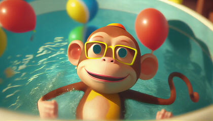Happy Monkey having fun at summer holidays in a swimming pool  Ai generated image