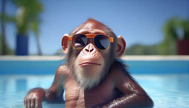Happy Monkey having fun at summer holidays in a swimming pool  Ai generated image