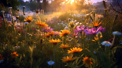 Fototapeta na wymiar Beautiful wildflowers on a green meadow. Warm summer evening