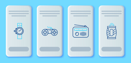 Set line Gamepad, Radio with antenna, Wrist watch and Soda can straw icon. Vector