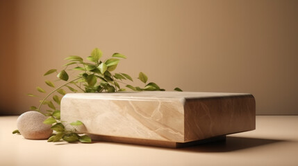 Product stone podium for cosmetic beauty presentation. Stone podium with green leaves on beige background. Product, cosmetic stand organic platform mockup. AI generated illustration