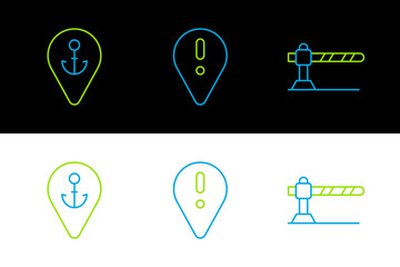 Set line Parking car barrier, Location with anchor and exclamation mark icon. Vector