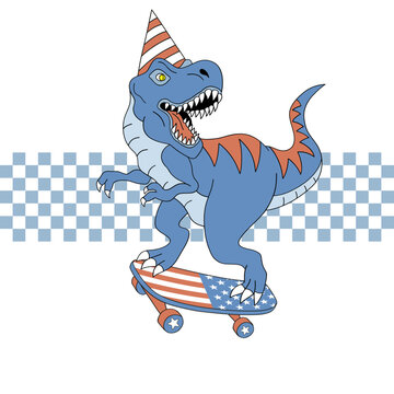 Hippy groovy 4th of July dinosaur vector clip-art isolated on white. American dino illustration. Roaring USA t-Rex t-shirt design.