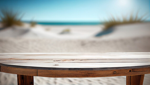 Wooden table no text. Mockup blured beach background Ai generated image