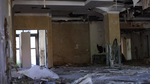 Burnt building from shelling during the war. Premises after hostilities.