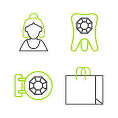 Set line Shopping bag jewelry, Jewelry store, Tooth with diamond and Consultant of icon. Vector