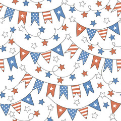 American flag bunting Star garland vector seamless pattern. Patriotic USA Independence Day background. 4th of July surface design for packaging, scrap book, textile, card making