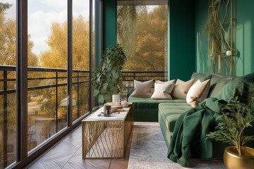 Fototapeta premium Modern minimalistic interior of the living room, green, white and golden colors. Super photo realistic background, generative ai illustration.