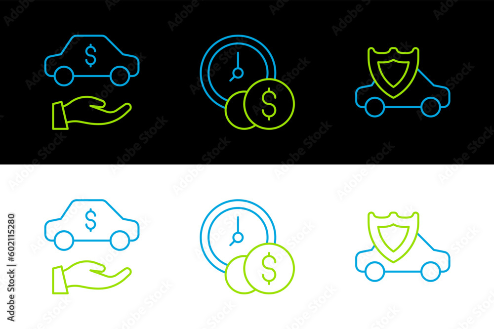 Wall mural Set line Car with shield, rental and Time is money icon. Vector