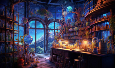 fantasievolles mittelalterliches Alchemistenlabor. generative KI