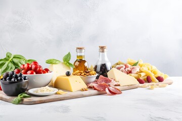 Many Italian ingredients, vegetables, cheeses, olive oil, pasta, pastries, on a bright background with studio light. AI generative
