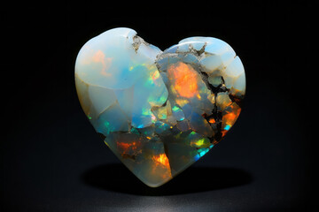A single opal in the shape of a heart isolated on a dark background. AI generative