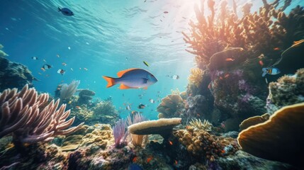 Fototapeta na wymiar Underwater world with coral reef and ocean fish. Generative AI