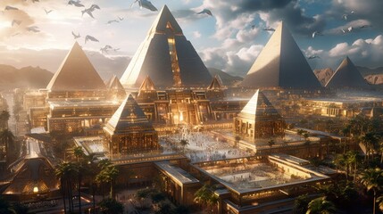 Obraz premium Futuristic pyramid temple in an alien city. Generative AI