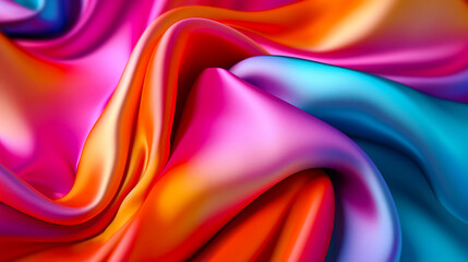 Obraz premium Vibrant multicolour silk satin fabric texture background with sweeping ripples and folds. A.I. generated. 