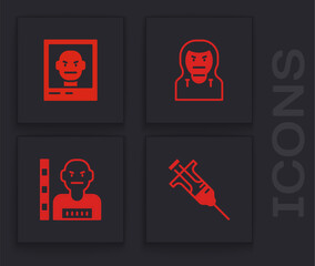 Set Syringe, Wanted poster, Thief mask and Suspect criminal icon. Vector