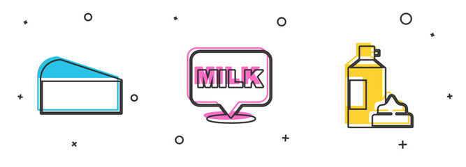 Set Cheese, Lettering milk and Whipped cream bottle icon. Vector