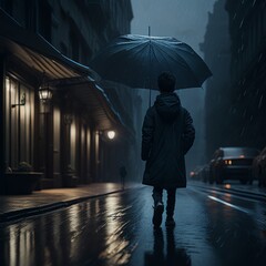 a boy walking in street midnight time in rainy day with an umbrella 