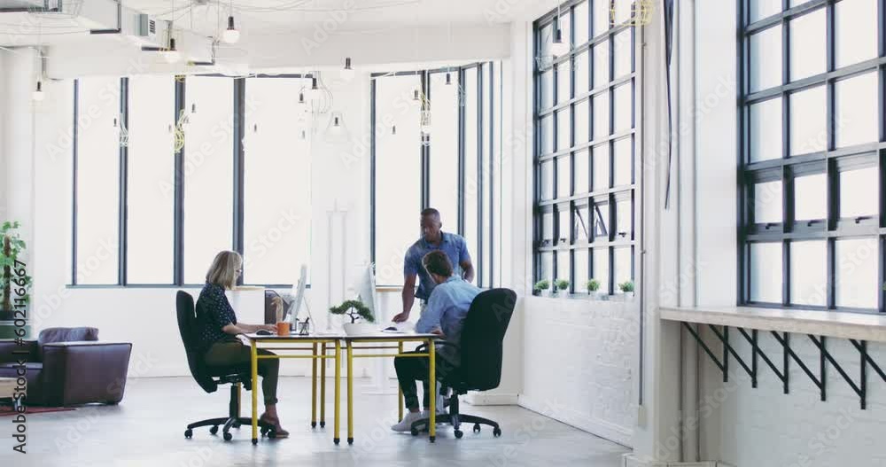 Fototapete Computer, teamwork man or programmer working for cybersecurity, coding or data analysis in office. Diversity, developer or employee on tech for software code, programming or startup analytics review