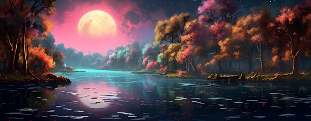 Mystical Night, Harvest Moon over a Glittering Lake with Lush Vegetation, Birchwood Trees and Magical Galaxy, generative Ai