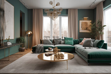 Obraz premium Modern minimalistic interior of the living room, green, white and golden colors. Super photo realistic background, generative ai illustration.