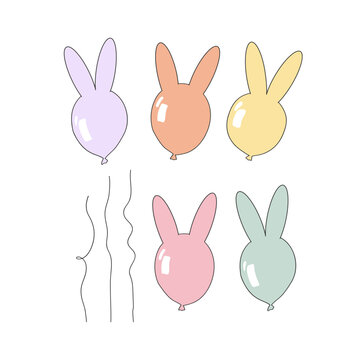 Cute balloon with bunny ears creation set. Retro groovy happy Easter party design. Vector illustration isolated on white.