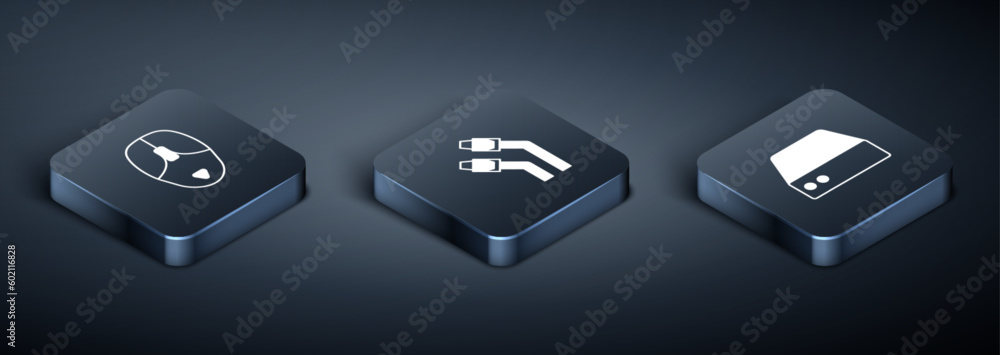 Poster set isometric computer mouse, server, data, web hosting and lan cable network internet icon. vector