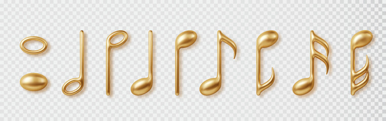 Gold Music notes isolated 3d icons set. Vector realistic metallic note symbols isolated on transparent background.