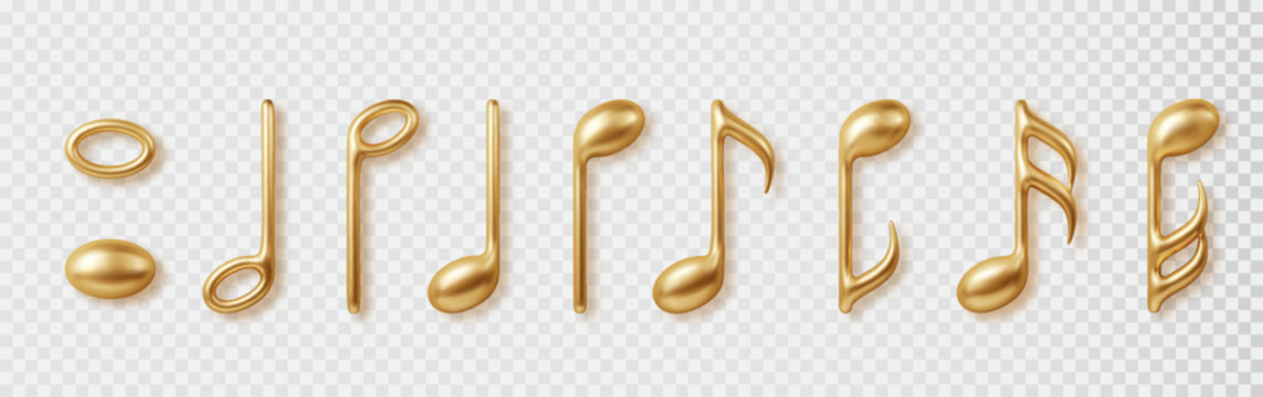 Gold Music notes isolated 3d icons set. Vector realistic metallic note symbols isolated on transparent background.